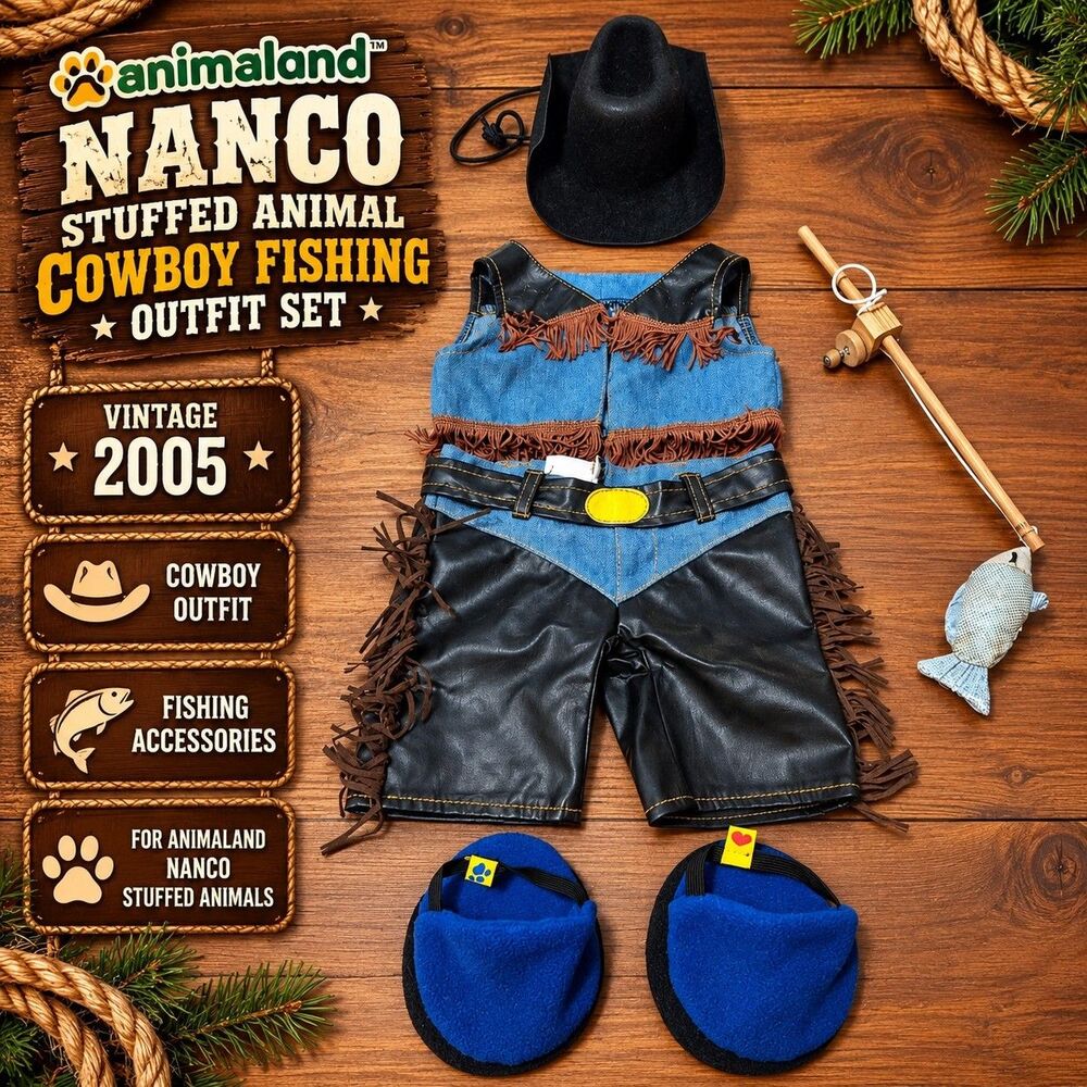 Vintage 2005 Animaland Nanco Stuffed Animal Cowboy Fishing Outfit Hat Pole